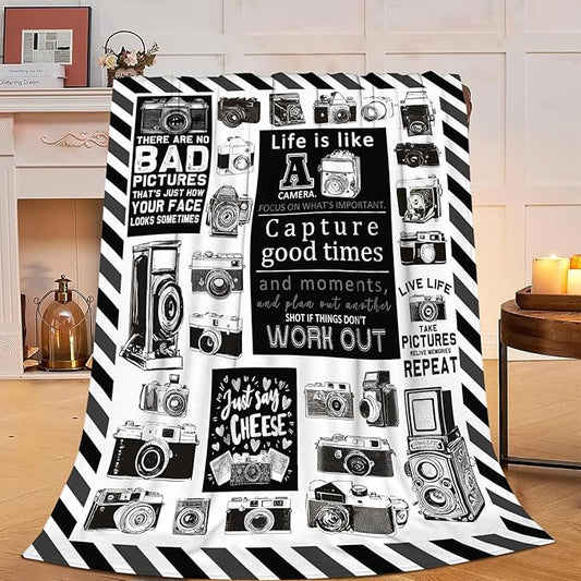 Yibuda Retro Camera Blanket Photography Flannel Plush Throw Blanket Cozy Black White Decor Fleece Stuff Blanket Gifts for Lover Girls Boys Kids Adults Women Bed Travel 60"x80"