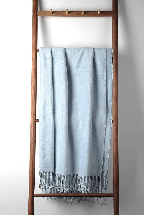 EP Mode Fringed Mulberry Silk Throw Blanket for Sofa (Baby Blue)