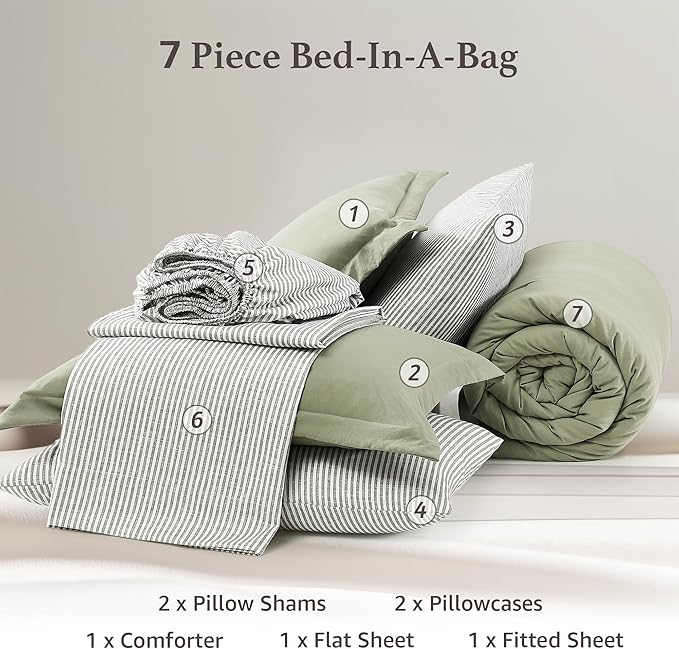 Monbix King Size Comforter Set - 7 Pieces Olive Green Prewashed Bed in a Bag King Bedding Sets with Comforters, All Seasons Down Alternative Comforter Bed Set with Sheets,Pillowcases & Shams