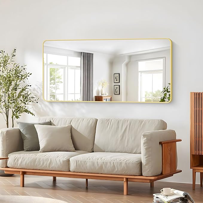 30"x60" Gold Bathroom Mirror, Large Rectangle Mirror, Rectangular Wall Mirror, Rounded Corner Vanity Mirror with Aluminum Metal Frame for Bathroom Bedroom Living Room