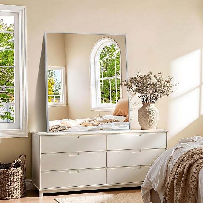 KOCUUY Silver Framed Mirror, 30"x36" Rectangle Bathroom Mirror for Wall, HD Tempered Glass, Anti-Rust Frame, Modern Design for Bathroom, Bedroom, Living Room, Entryway