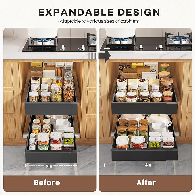 4 Pack Pull Out Cabinet Organizers 21" Deep With Raising Pad for Framed Cabinets, Expandable Width (9"-14") Slide Out Drawers Upgrade 3 Slide Rails, Roll Out Shelves Adhesive, Black
