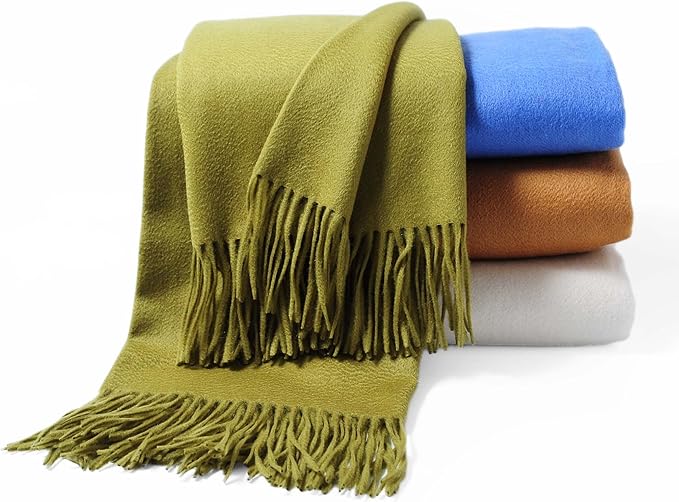 CUDDLE DREAMS Premium Cashmere Throw Blanket with Fringe, Luxuriously Soft (Bamboo Green)