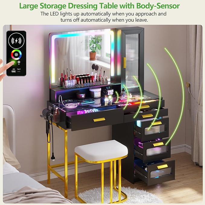 HENBC Vanity with Mirror and LED Lights, Glass Top Vanity Desk with Charging Station(Wireless+USB+Type-C), RGB Makeup Table Set with Stool/Makeup Organizer/6 Drawers for Bedroom,Black