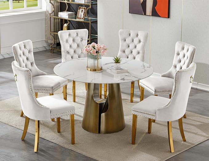 7-Piece Faux Marble Round Dining Table Set for 6, Modern Luxury Kitchen Table Set for 6 with Beige Tufted Chairs,Circle Dining Tables with White Marble Grain Top and Bronze Pedestal Base