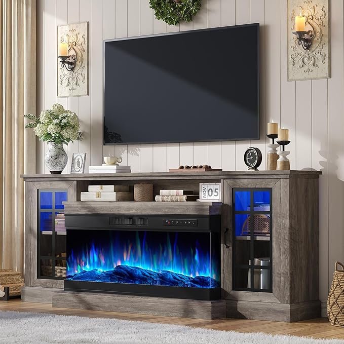 AMERLIFE 75in 3-Sided Glass Fireplace TV Stand with LED Lights for TVs up to 85", Rustic Fireplace Media Entertainment Center Console Cabinet Table with Glass Door Closed Storage, Wash Gray