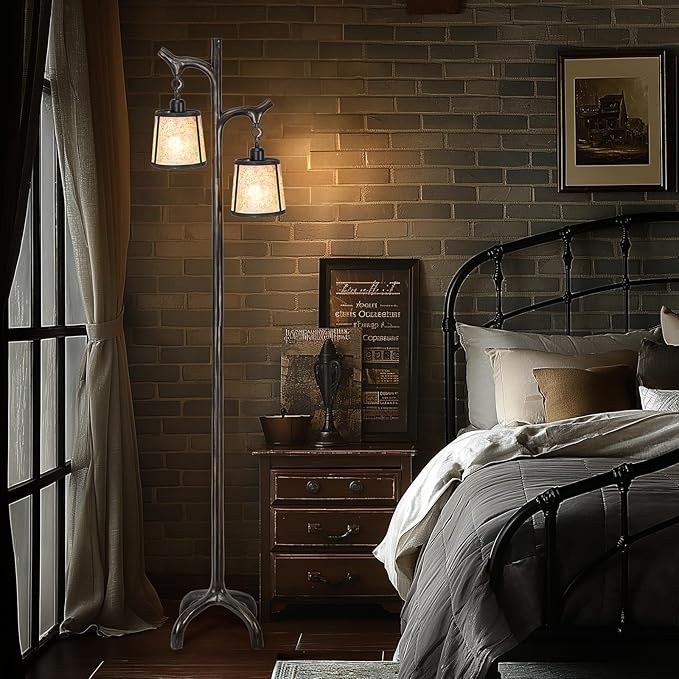 68" Farmhouse Floor Lamp with Mica Shade for Living Room,Modern Industrial Vintage Standing Floor Lamp for Bedroom,Stepless Dimmable Rustic Tree Trunk Tall Lamp for Office,Living Room (Bulb Included)