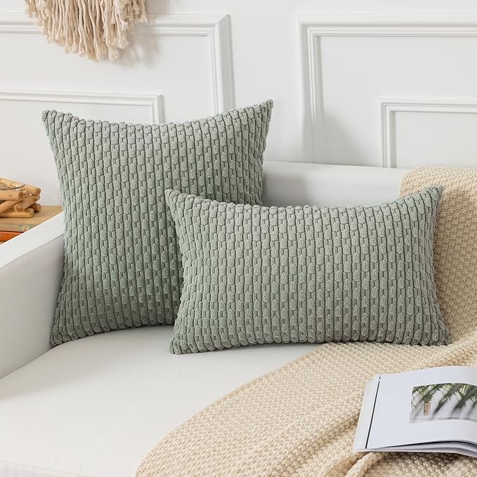 Kevin Textile Throw Pillow Covers Soft Corduroy Decorative Set of 2 Boho Striped Pillow Covers Pillowcases Farmhouse Home Decor for Couch Bed Sofa Living Room 22x22 Inch Greyish Green