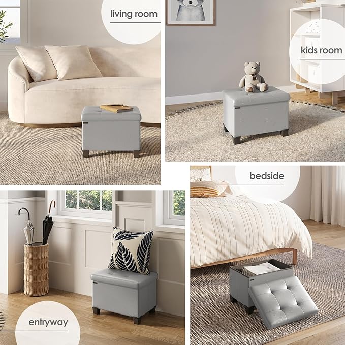 STORAGEBUD Storage Ottoman Cube with Small Bin, 16-in Square Ottoman with Storage for Living Room and Bedroom, Small Ottomans Foot Rest, Faux Leather Foot Stools Ottomans Max 330lbs, Light Grey