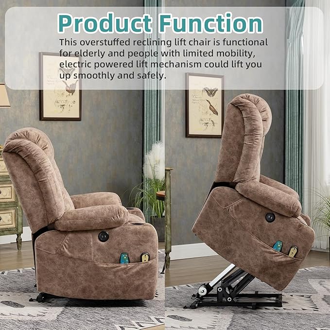 MEETWARM Large Power Lift Electric Recliner Chair with Extended Footrest for Big Tall Man, Overstuffed Wide Recliner with Heat and Massage, 2 Remote Controls/4 Side Pockets/USB Ports(Plush-Brown)