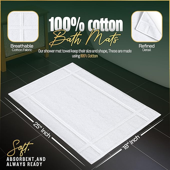 Pearl Linens Pack of 6 100% Cotton Bath Mat 18x25 inches, Soft & Absorbent Quick Dry Bathroom Mat Set, Not Bathroom Rugs, After Shower Mat, Bath Tub Mat, 687 GSM, Machine Washable, White