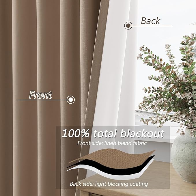 Guken Tan Blackout Curtains 72 Inch Length 2 Panels Set for Living Room Bedroom Back Tab Thermal Insulated 100% Black Out Linen Drapes Room Darkening Window Curtains 72 Inches Long