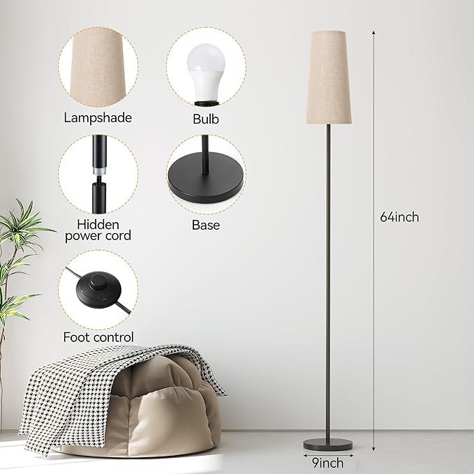 SUNMORY Floor Lamps for Living Room/Bedroom/Office, Standing Lamp with LED Bulb, 3 Color Temperature Tall Lamp, Suitable for Modern/Boho/Farmhouse and Other Home Decor Styles, Black Corner Floor Lamp