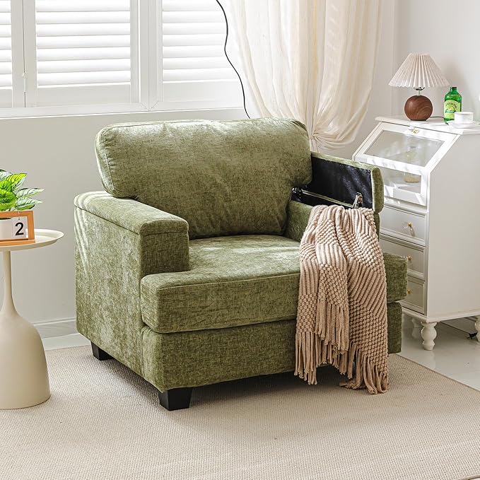 Oversized Accent Chairs Set of 2,Large Armchair with Armrest Organizer,Deep Seat,Big Reading Chair,Comfy Living Room Chairs,Sofa Chair for Bedroom,Chenille,Green