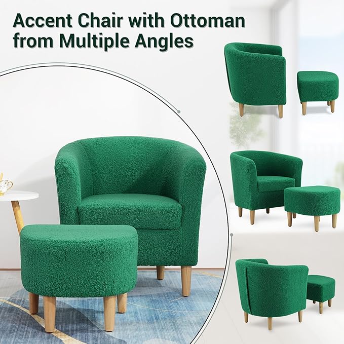 DAZONE Sherpa Accent Chair with Ottoman, Forest Green Cozy Barrel Armchair for Adults, Upholstered Living Room Chair with Footrest, Small Space Reading Chair for Bedroom, Apartment, Home Office