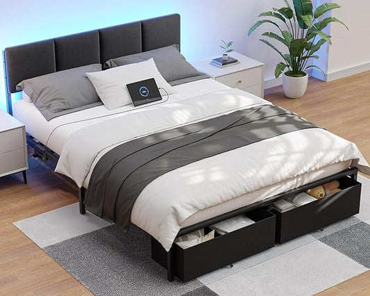 Furnulem Queen Bed Frame with Storage, Upholstered Bed Frame Queen Size with LED Light,USB Charging Station,Platform Bedframe with 2 Fabric Underbed Storage Drawers,No Spring Box Needed,Noise Free
