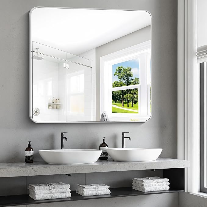 36x40 Inch Silver Bathroom Mirror, Metal Framed Silver Rectangle Mirrors, Rounded Rectangular Vanity Mirror, Wall Mounted Mirrors for Living Room Bedroom Entryway Hangs Horizontal or Vertical