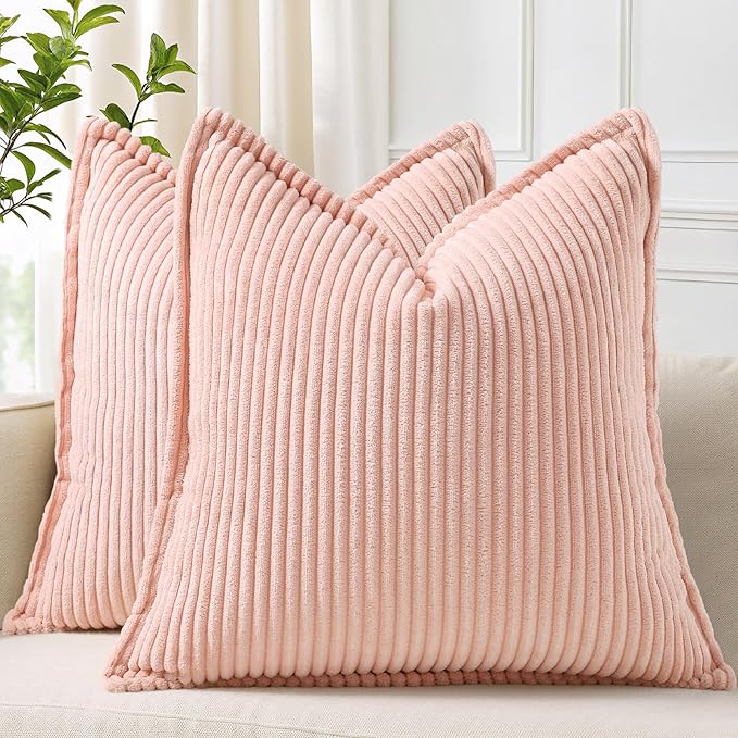 decorUhome Corduroy Pink Throw Pillow Covers 26x26 Set of 2 Decorative Soft Boho Striped Neutral Euro Farmhouse Couch Pillow Covers with Broadside for Living Room Bed Sofa