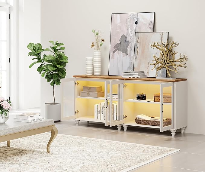 WAMPAT Large TV Stand for TVs up to 100 Inch, Entertainment Center Cabinet for 75/80/85/90 Inch, 4-in-1 Buffet Cabinet With Glass Door for Dining Room & Living Room, White