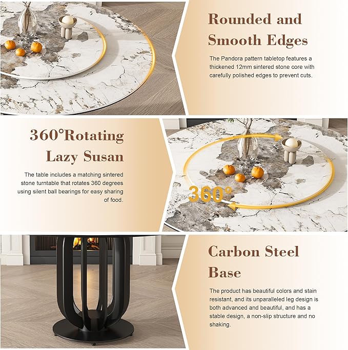 53" Round Modern Marble Dining Table with Lazy Susan, Sintered Stone Top for Kitchen, Dining Room, Dinette, Space Saving Design