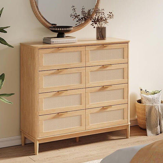 LINSY HOME Rattan Dresser for Bedroom with 8 Drawers, 54" Wide Chest of Drawers, Mid Century Modern Dresser TV Stand with Metal Handle, Wood Closet Storage Cabinet for Living Room, Hallway, Oak