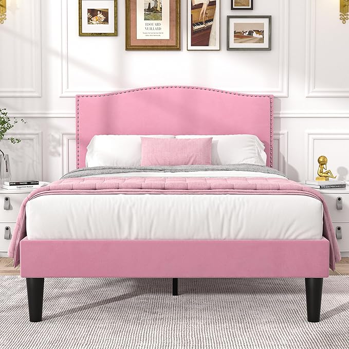 VECELO Twin Bed Frame Platform Bed Frame with Upholstered Headboard, Strong Frame and Heavy-Duty Slats Support, Non-Slip and Noise-Free, Easy Assembly,Pink