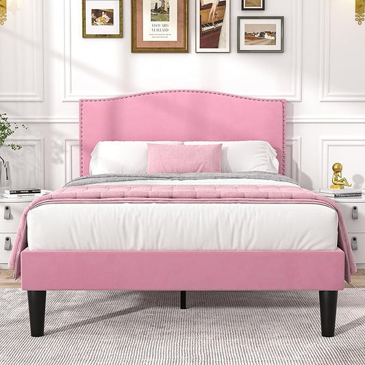 VECELO Twin Bed Frame Platform Bed Frame with Upholstered Headboard, Strong Frame and Heavy-Duty Slats Support, Non-Slip and Noise-Free, Easy Assembly,Pink