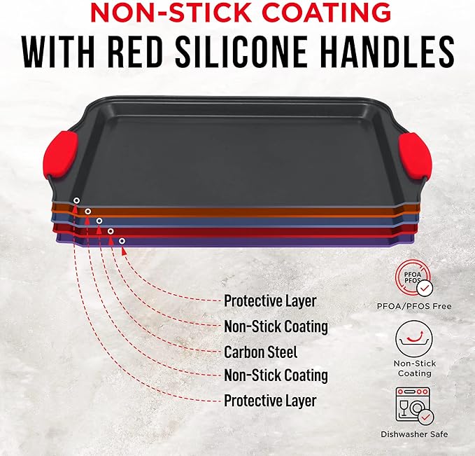 BAKKEN Kitchen Baking Pan Set - Nonstick Coating, Carbon Steel Bakeware Sets with Red Silicone Handles, Baking Kitchen Essentials, PFOA, PFOS, PTFE Free, Oven Safe Tray (Up To 450° F), Set of 18