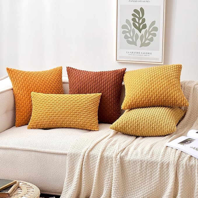 MIULEE Fall Burnt Throw Pillow Covers Soft Corduroy Decorative Set of 2 Boho Striped Pillow Covers Pillowcases Farmhouse Home Decor for Couch Bed Sofa Living Room 16x16 Inch