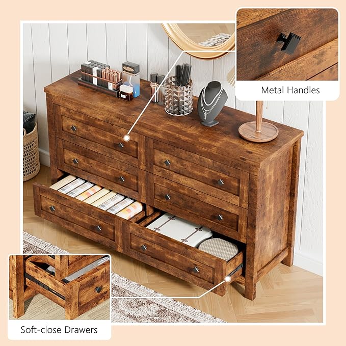 Farmhouse 6 Drawers Dresser, Wood Rustic Chest of Drawers for Bedroom, Closet Storage Dressers Organizer, 6 Drawers Chest for Living Room, Hallway, Rustic Brown