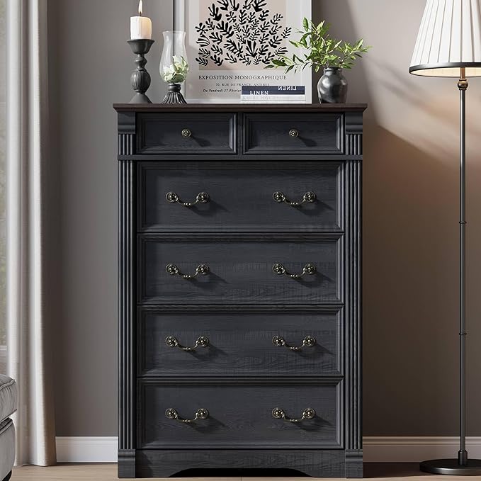 Yaamizz Farmhouse Dresser for Bedroom, 47" Tall 6 Drawer Dresser Storage with Wood Pilasters and Metal Handles, Vintage Design, Drawer Organizer for Bedroom, Hallway, Black