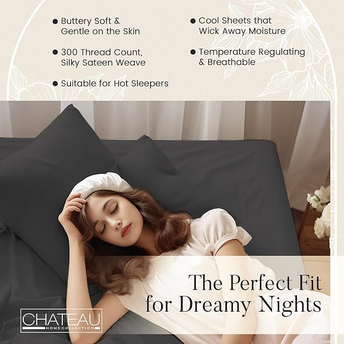 100% Organic Cotton Twin Sheets Set, 300TC Sateen Weave 3 PC Twin Bed Sheets, Fully Elasticated Sheet & Pillowcase Sets, Soft & Comfy No Lint Machine Washable Grey Sheet, Fade Resistant – Charcoal