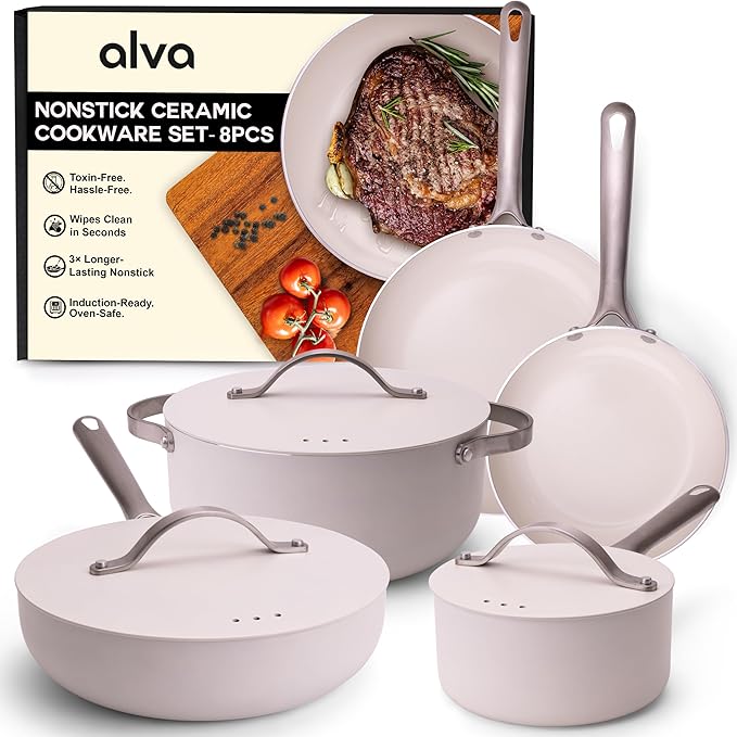 Alva Mobi 8-Piece Ceramic Cookware Set – PFAS-Free, Nonstick & Non-Toxic – Oven & Induction Safe – Scratch-Resistant, Diamond-Reinforced, Dishwasher Safe – Elegant Cannoli Cream