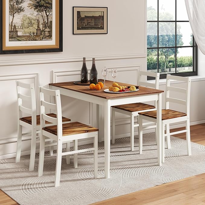 POWERSTONE Dining Table Set for 4, Kitchen Table Chairs Set of 4 with Rubber Wood Legs, Farmhouse 5 Piece Dining Table Set Solid Wood for Kitchen Dining Room Dinner (Brown)