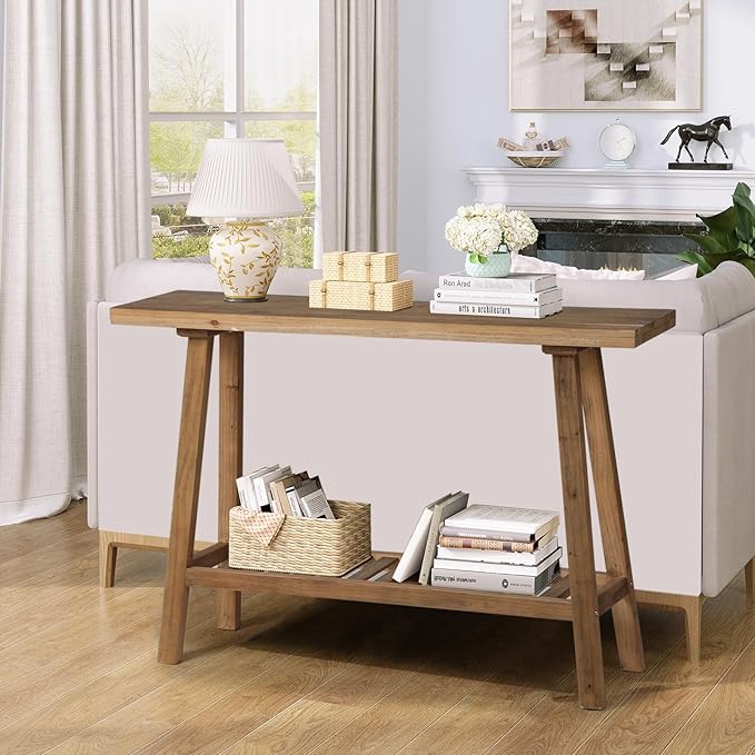 Reclaimed Solid Wood Console Table, 43.3" Farmhouse Entryway Table, Narrow Couch Tables Behind Sofa, 2 Tiers Accent Tables for Hallway, Entrance, Foyer, Living Room