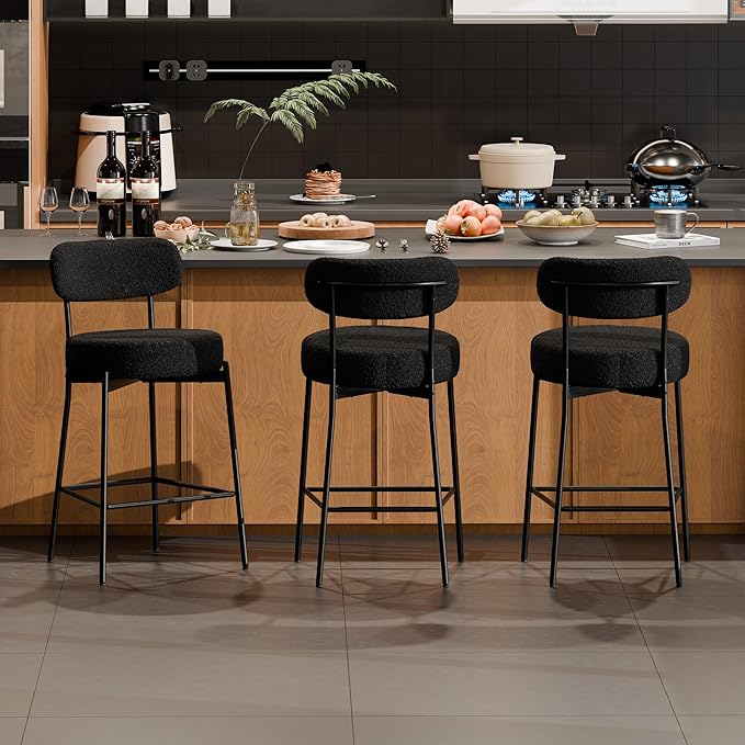 DYHOME Black Bar Stools Set of 3, 24 Inch Modern Counter Height Bar Stools with Curved Back Metal Legs, Upholstered Boucle Barstools for Kitchen Island, Cafe