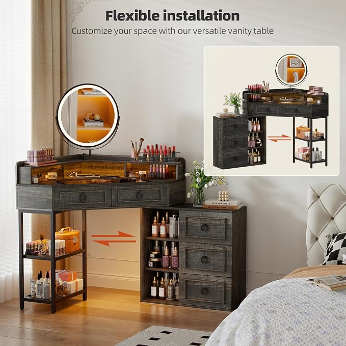 Corner Vanity Desk with Rotating Mirror and Lights,Glass Top Makeup Vanity with Human Body Senor&Charging Station,LED Vanity Table Set with 5 Drawers and Shelves for Bedroom