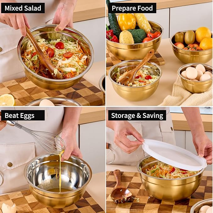 Gold Mixing Bowls with Lids Set of 7, Stainless Steel Nesting Bowl with Khaki Lid for Non-slip Mixing Prepping Storing Serving, 7 Sizes-7/3.6/2.7/2.1/1.5/1/0.8 QT
