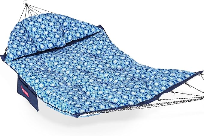 Lazy Daze Hammocks Deluxe 12 FT Thickened Fabric Hammock with Curved Aluminium Spreader, Outside Double Hammock with Large Soft Pillow, Side Pocket 450 Lbs Capacity for Patio, Blue Floral