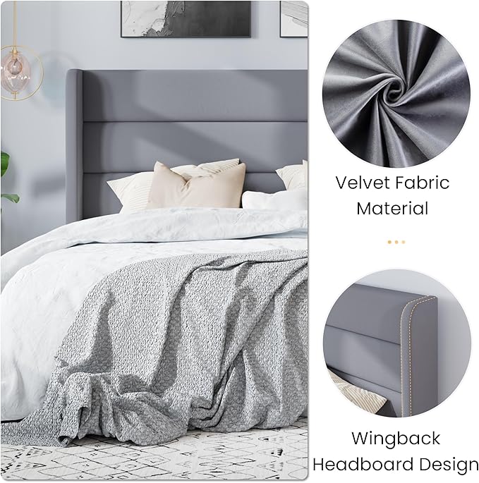 SHA CERLIN Queen Size Velvet Bed Frame/Vertical Channel Tufted Wingback Headboard/Upholstered Platform Bed with Wooden Slats/Mattress Foundation/No Box Spring Needed/Easy Assembly/Grey