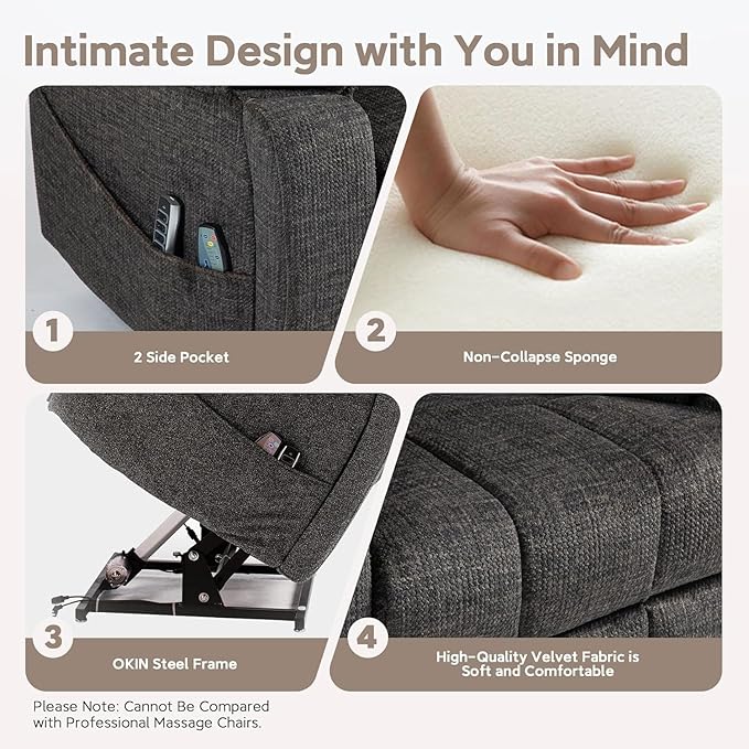 Lazy Boy Recliner Chair with Heated and Massage, 4 Motor Headrest, Lumbar Independent Adjustment Power Lift Recliner with Hidden Cup Holder、Side Pocket、Back Pillow