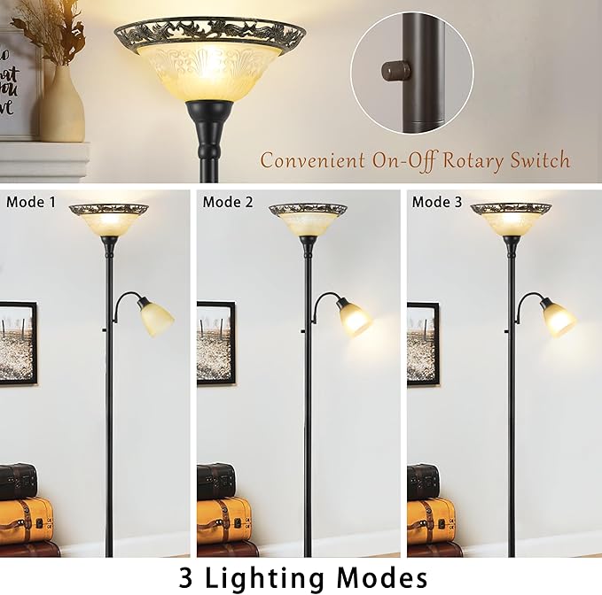 Luvkczc Torchiere Floor Lamps for Living Room, 70" Lamps for Living Room with Etched Glass Shade, Metal Pole & Heavy Base, Vintage Standing lamp Decor for Bedroom, Living Room, Office