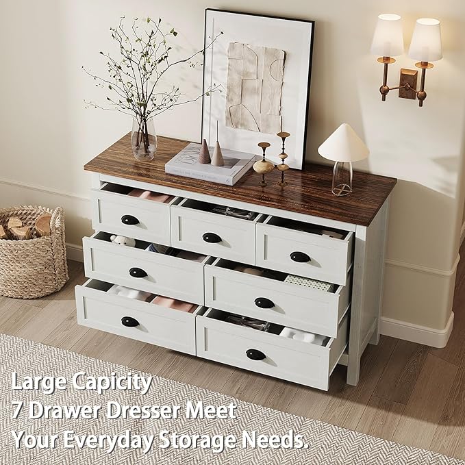 White Dresser for Bedroom, Farmhouse 7 Drawers Dresser, Wide Chest of Drawers with Metal Handles, Modern Wood Double Chest Storage Cabinet for Living Room, Bedroom, Hallway