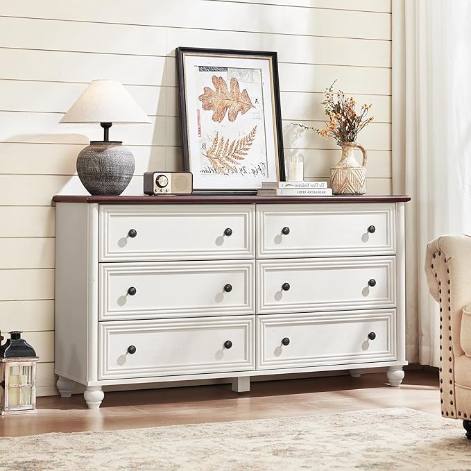 Farmhouse Dressers & Night Stand Set of 3, Wood 54" Wide 6 Drawer Dresser & 35.5"Tall Chest of Drawers, 18" with Charging Station Nightstand, Bedroom Furniture Dresser Set for Home Living Room Hallway