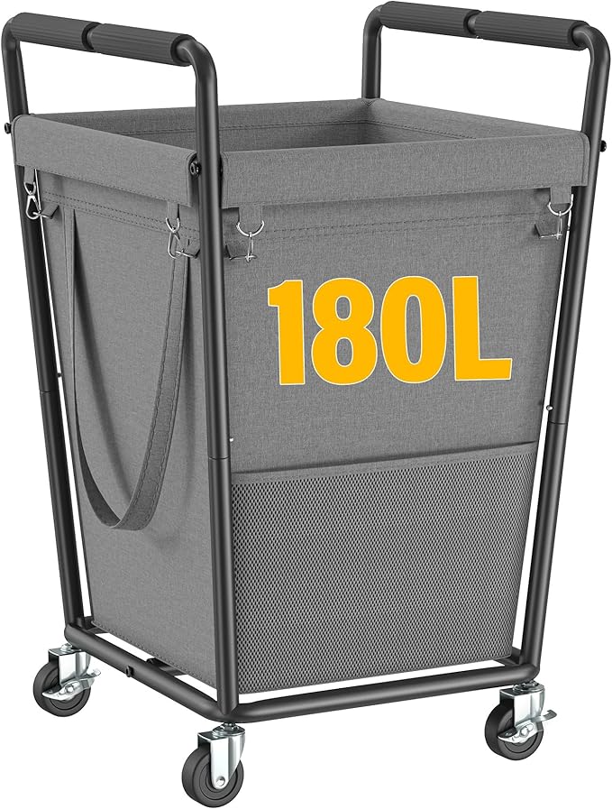 Laundry Basket with Wheels & Handles, 180L Laundry Cart with Removable Bag & Metal Frame for Clothes Storage, Laundry Room Organization Rolling Hamper with Wheels For Laundry, Dorm (Gray)