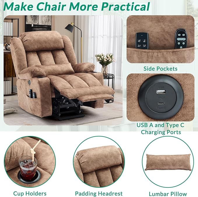 VIVIJASON Tall Man Large Dual Motor Power Lift Recliner Chair with Extended Footrest, Oversized Lay Flat Sleeper Electric Recliner W/Heat & Massage, Lumbar Pillow, USB & Type-C Ports, Plush Brown