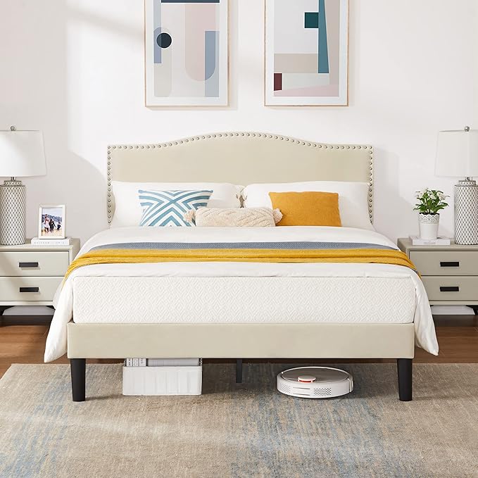 VECELO Queen Bed Frame Platform Bed Frame with Upholstered Headboard, Strong Frame and Wooden Slats Support, Strong Weight Capacity, Non-Slip and Noise-Free, Easy Assembly,Beige