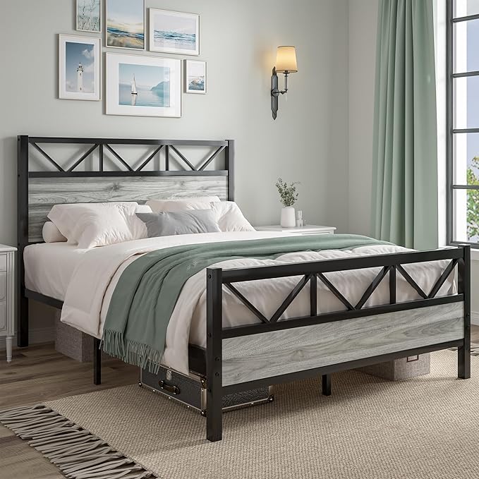 Queen Bed Frame with Headboard, Industrial 51.2" Tall Headboard, Queen Platform Bed Frame with Heavy Duty Metal Slats Support, No Box Spring Needed, Noise-Free, Easy Assembly, Wash Grey