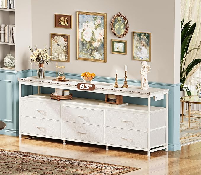 Huuger 63 Inch TV Stand for 55, 65, 70 Inch TV, Long Dresser TV Stand for Bedroom, White LED TV Stand with Power Outlets, Fabric Drawer Dresser with Storage, Entertainment Center for Living Room