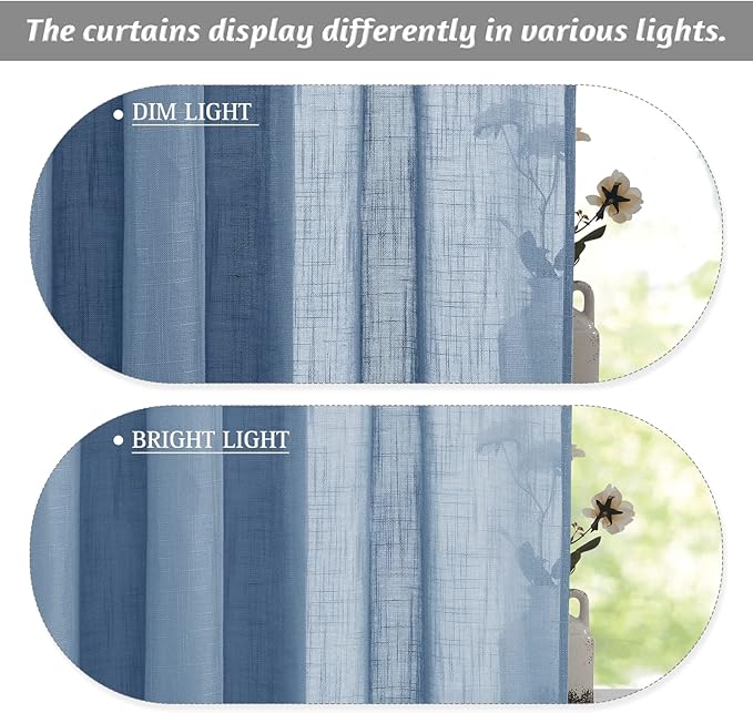 RYB HOME Linen Curtains 90 inches Long Super Soft Light & Privacy Rod Pocket Sheers for Living Room Bedroom Patio Door Backdrop Window Decor, Blue Haze, W 52 x L 90 inches, 2 Panels